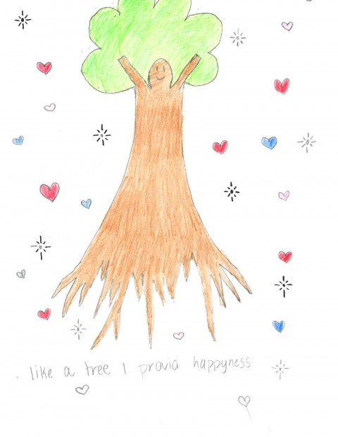 A drawing of a tree with hearts and stars around it